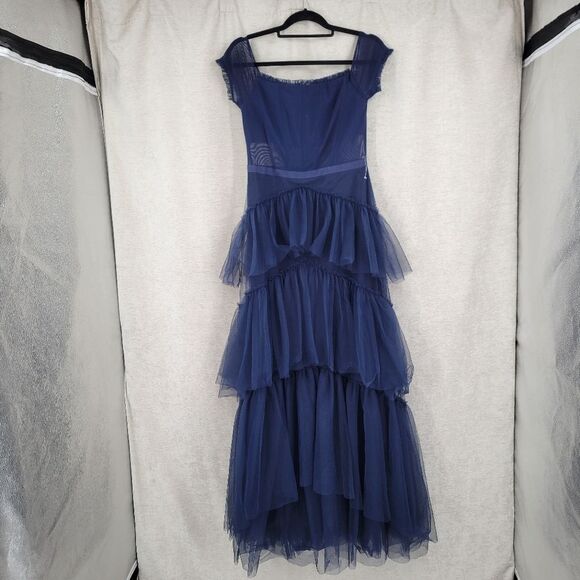 Betsy & Adam Navy Blue Off-Shoulder Formal See Through Corset Prom Dress - Picture 4 of 16